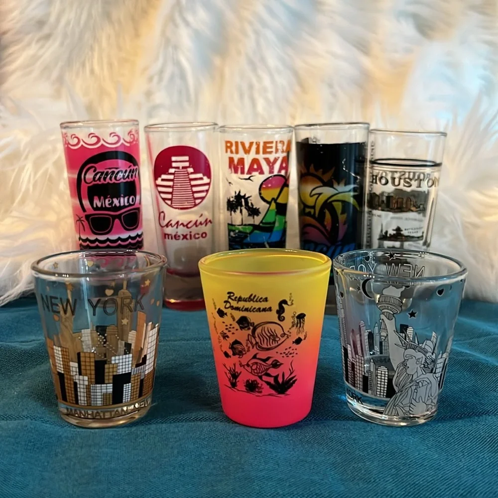 Set of 8 Shot Glasses NEW YORK, MEXICO, HOUSTON TEXAS, REPUBLICA DOMINICANA